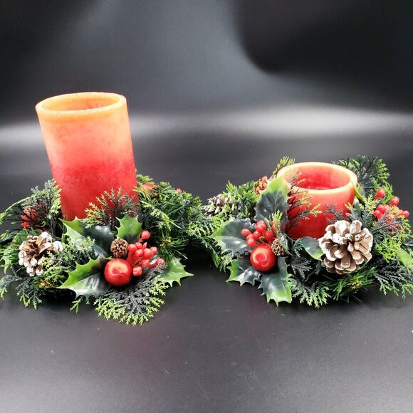 Vintage Christmas Candle Ring Holly Berry PAIR Plastic Centerpiece for 3" Pillar - Picture 2 of 16
